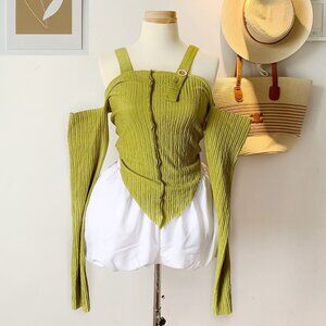 Olive Green Ribbed Knit Cardigan Shrug Cropped Sweater 🍃